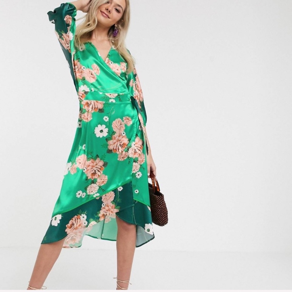 Anthropologie Green Floral Wrap Midi Dress with Peach Blooms